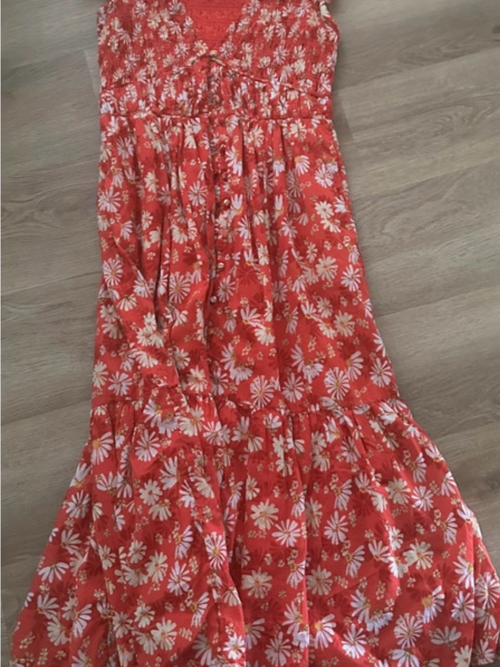 Anthropologie Coral Red Floral Tiered Maxi Dress